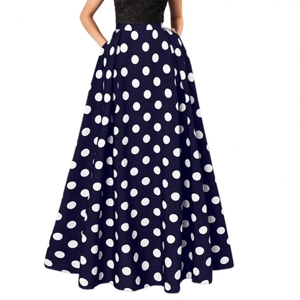 Polka Dot Flared A-line Women Maxi Skirt A-line Pleated Long Skirts Summer Lady Vintage Elastic Waist Dot Print Silhouette Skirt