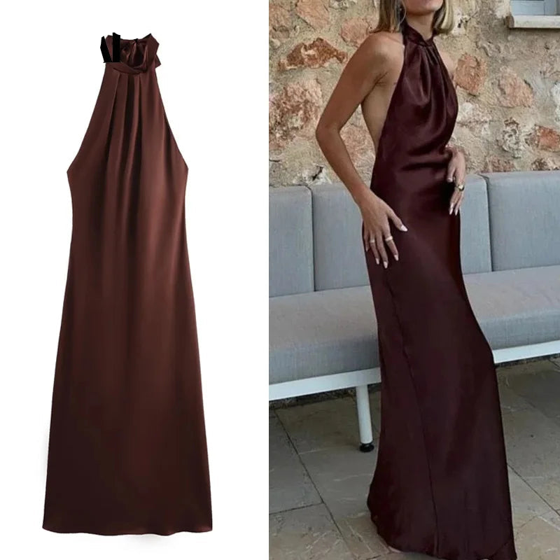 Elegant Satin Halter Backless Midi Dress - Brown