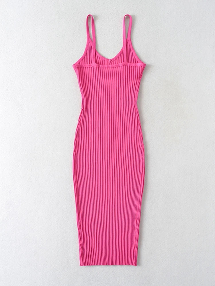 Tangada 2023 Summer Fashion Women Solid Sweater Dress Sleeveless V Neck Ladies Midi Dress AI25X