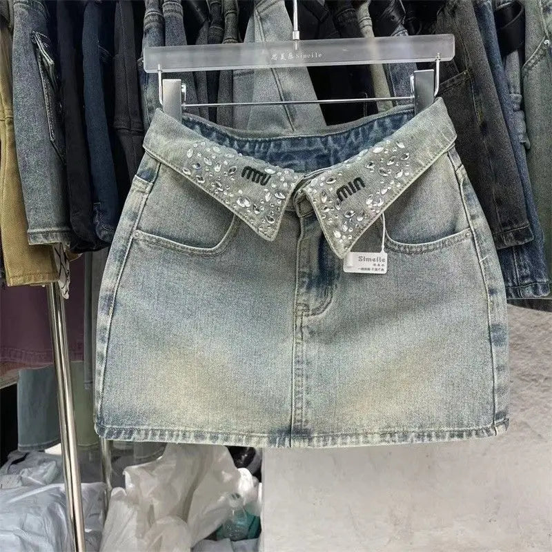 Vintage Fashion High Waist Diamonds A-line Skirt Female Trend Sexy Pocket Skirt Women Clothing Fashionable Distressed Mini Dress