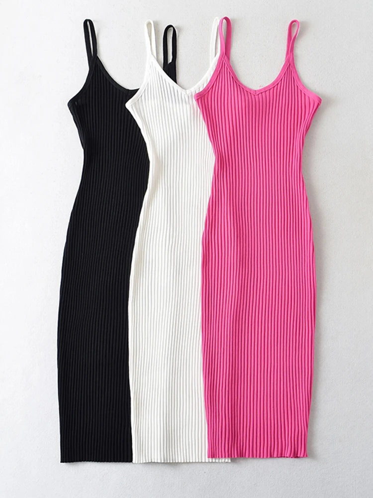 Tangada 2023 Summer Fashion Women Solid Sweater Dress Sleeveless V Neck Ladies Midi Dress AI25X