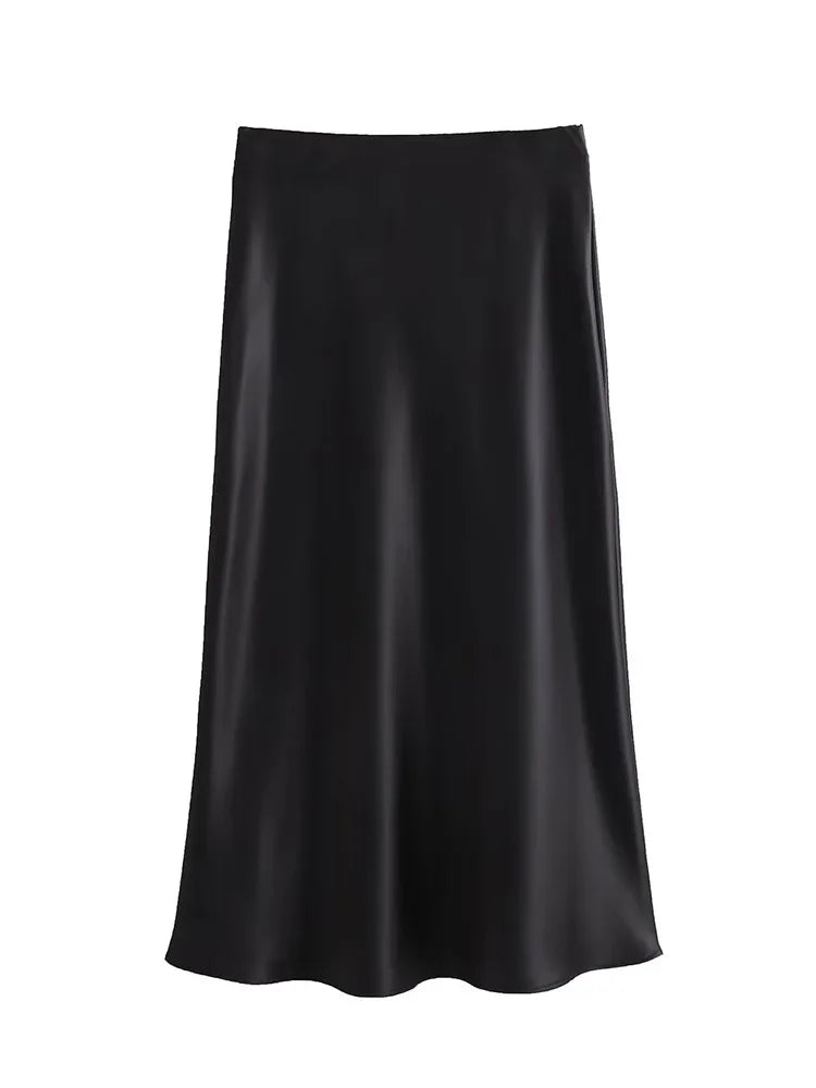 Elegant Black Satin Midi Skirt - High Waist Fashion