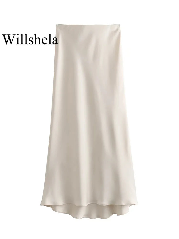 Elegant Black Satin Midi Skirt - High Waist Fashion