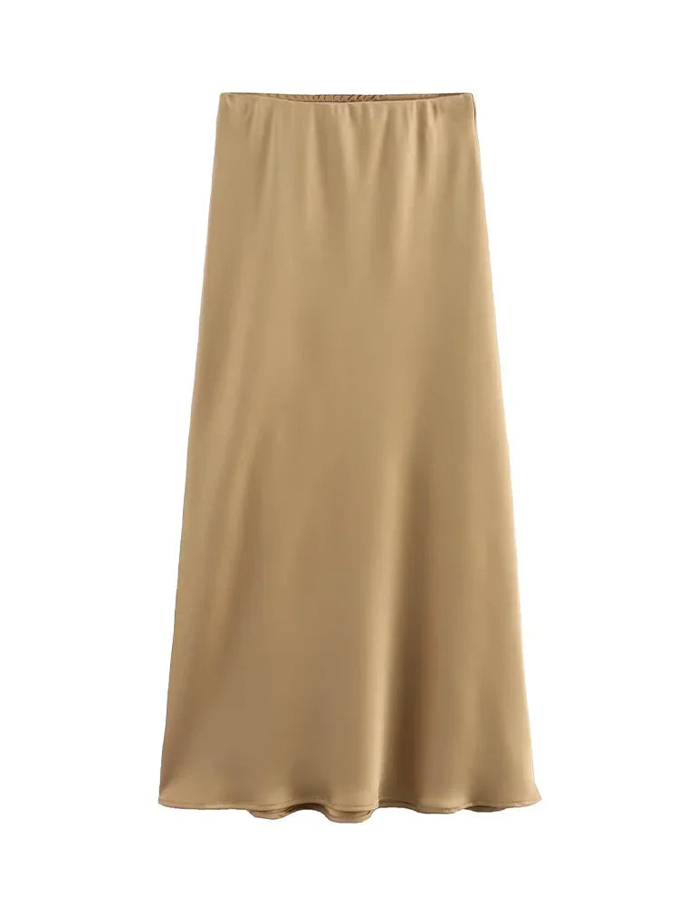 Elegant Black Satin Midi Skirt - High Waist Fashion