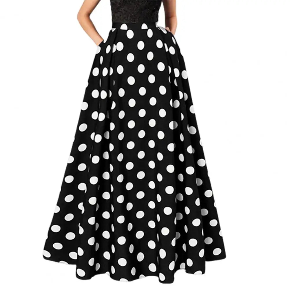Polka Dot Flared A-line Women Maxi Skirt A-line Pleated Long Skirts Summer Lady Vintage Elastic Waist Dot Print Silhouette Skirt