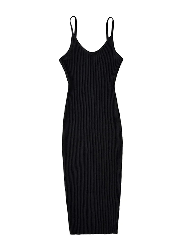 Tangada 2023 Summer Fashion Women Solid Sweater Dress Sleeveless V Neck Ladies Midi Dress AI25X