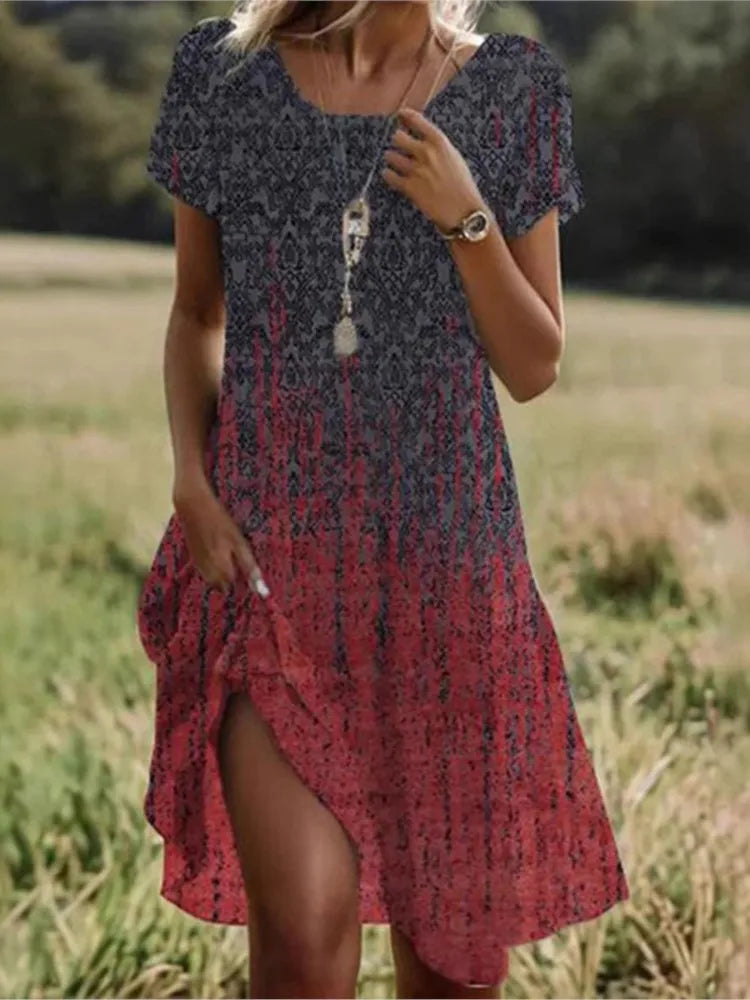 Ethnic Style Printed Summer New Short Sleeved Dress Artistic Fashionable Women's Casual Round Neck Mid Length Dress