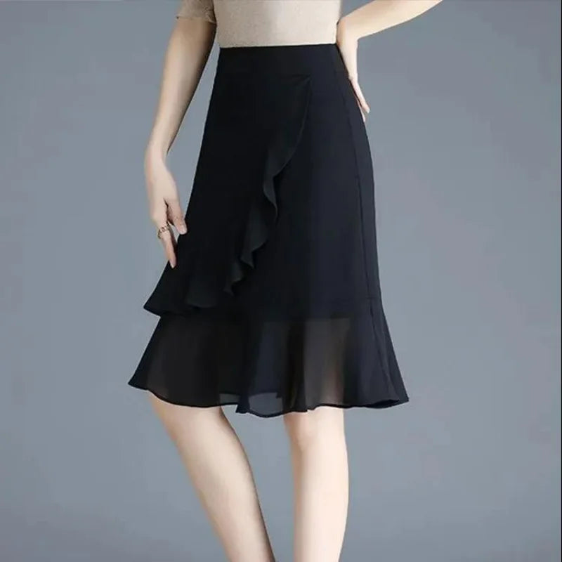 Elegant Black Chiffon Fishtail Skirt