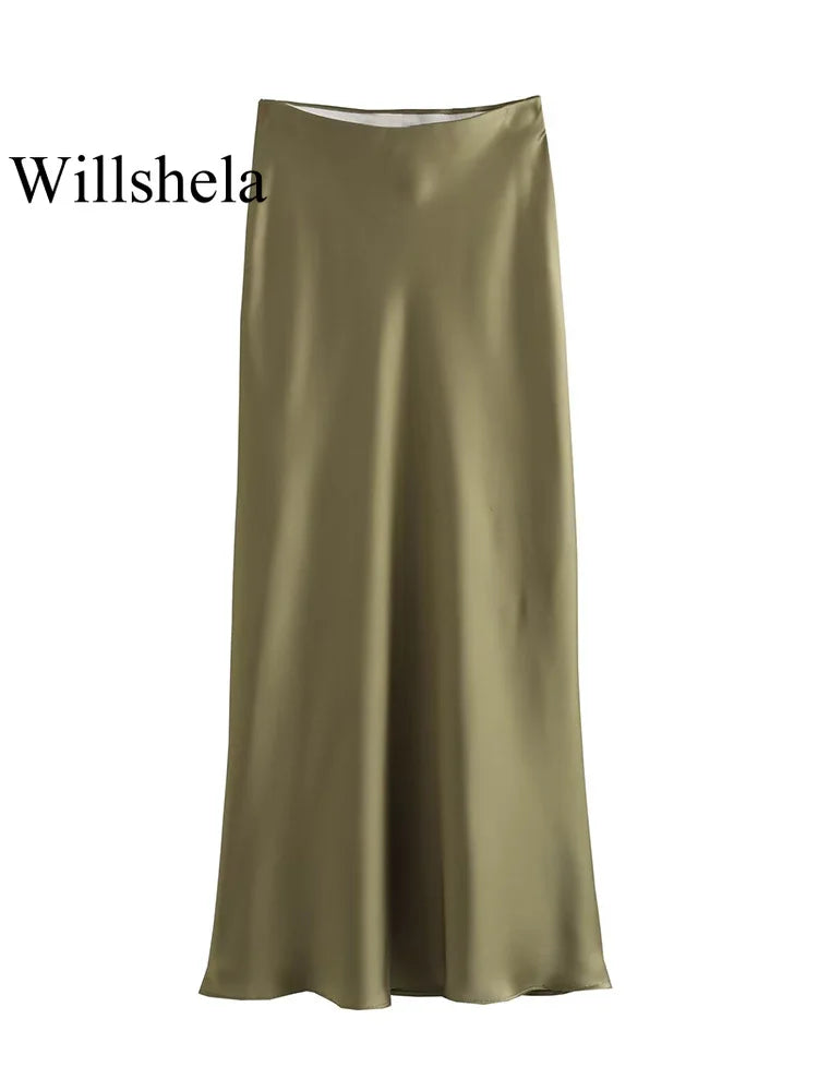 Elegant Black Satin Midi Skirt - High Waist Fashion