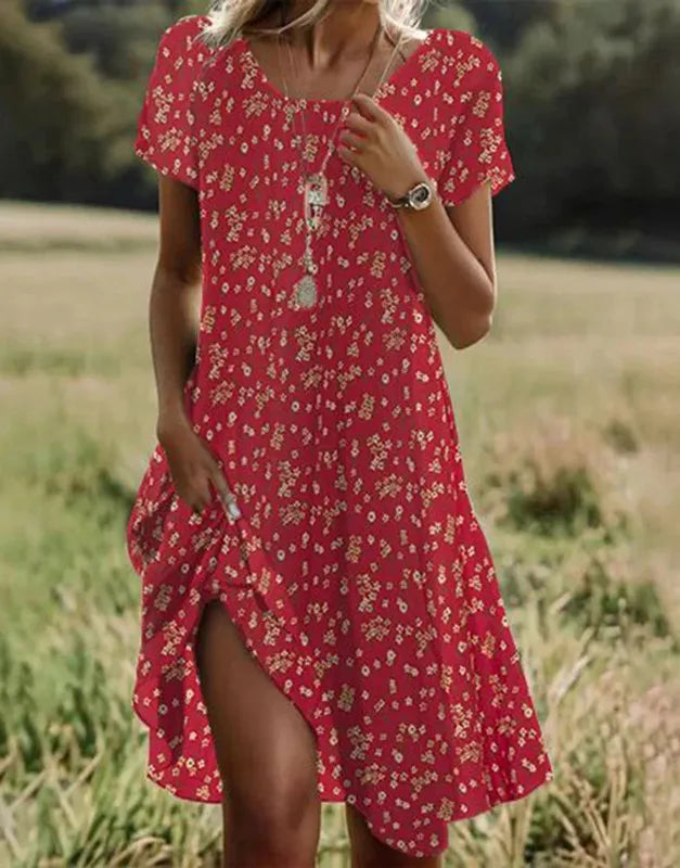 Ethnic Style Printed Summer New Short Sleeved Dress Artistic Fashionable Women's Casual Round Neck Mid Length Dress