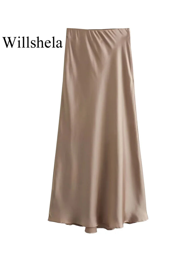 Elegant Black Satin Midi Skirt - High Waist Fashion