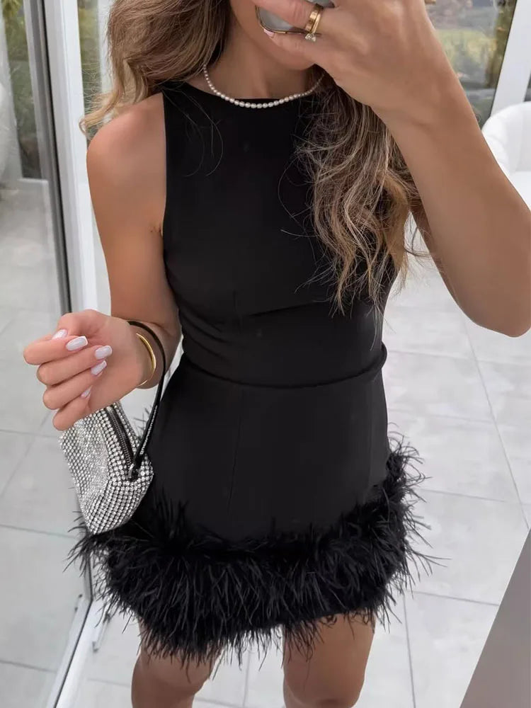 Elegant Feather Trim Mini Dress - Chic Party Style