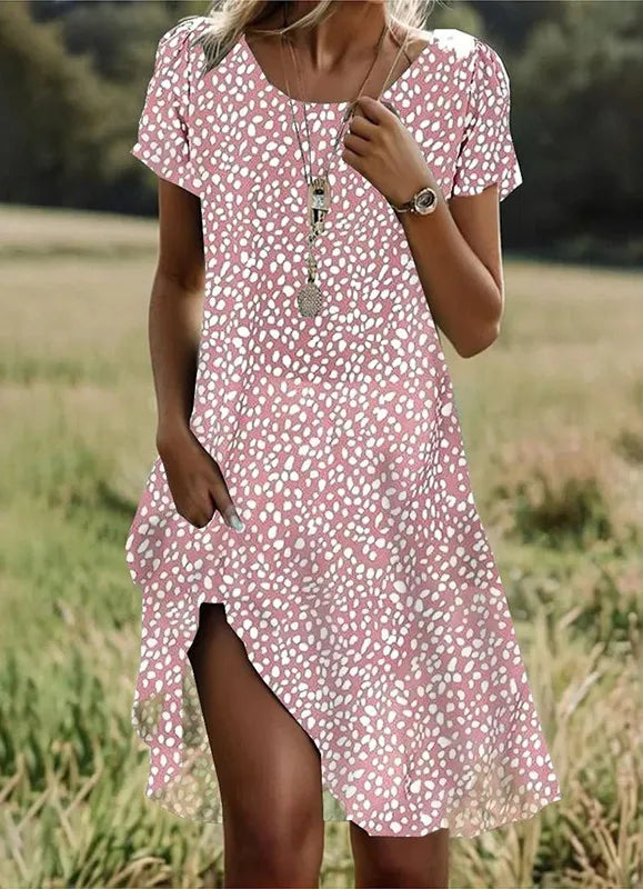 Ethnic Style Printed Summer New Short Sleeved Dress Artistic Fashionable Women's Casual Round Neck Mid Length Dress