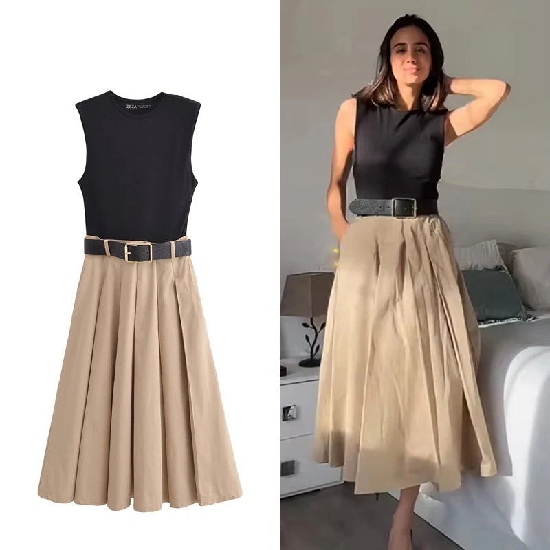 Chic Sleeveless Pleated Midi Dress with Belt