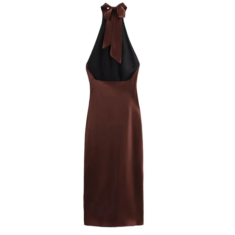 Elegant Satin Halter Backless Midi Dress - Brown
